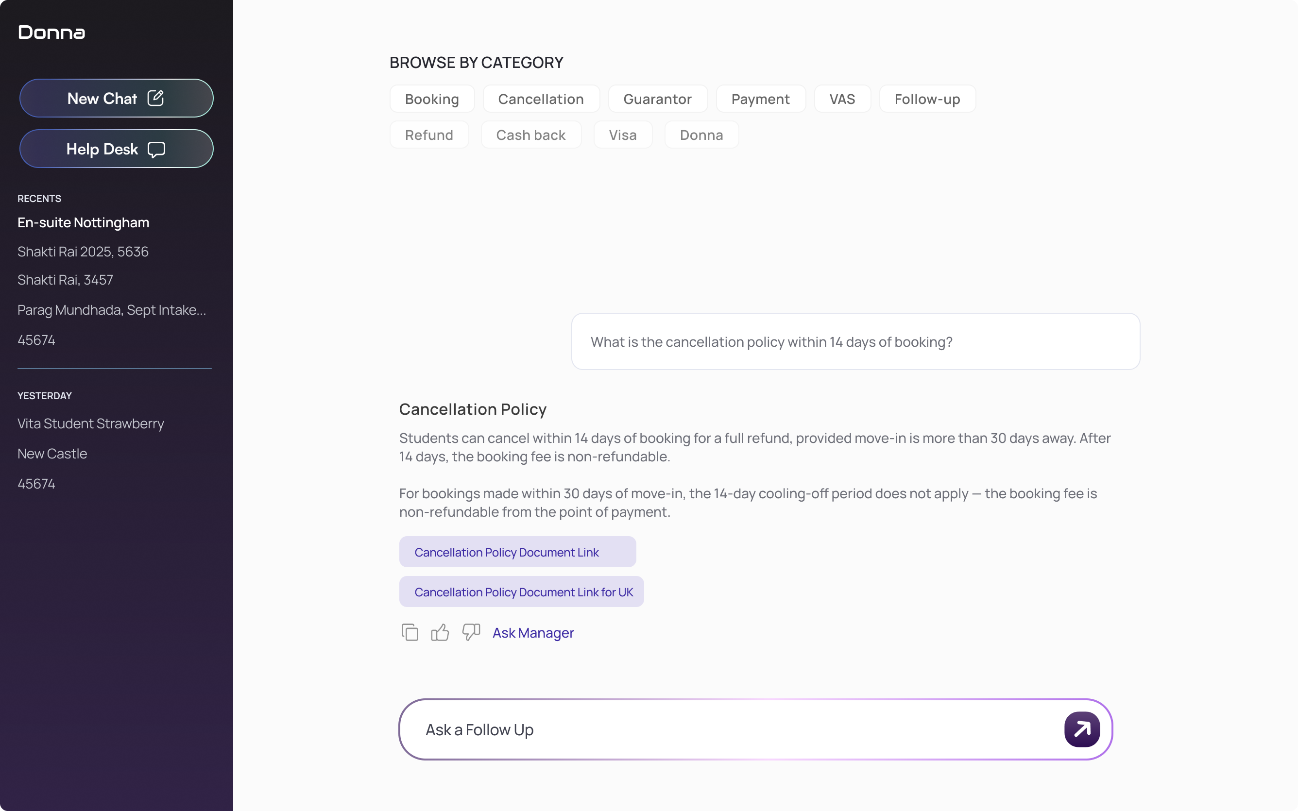 Policy answers are pre-authored, keyword-matched, not LLM-generated