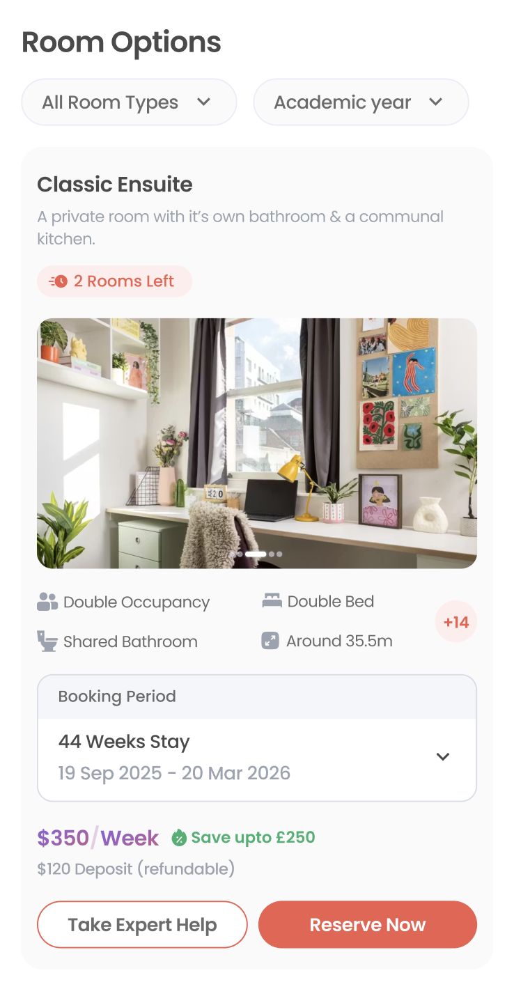 The room matrix becomes room cards a student can actually compare — after