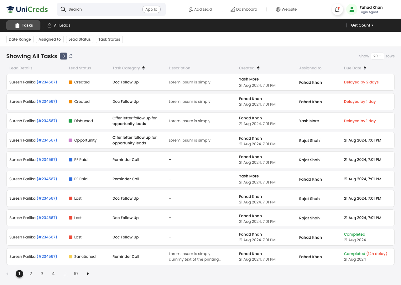 Lender task queue tied to a specific loan application